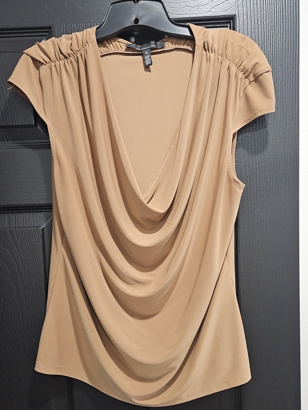 White House Black Market Camel Draped V-Neck Cap Sleeve Top